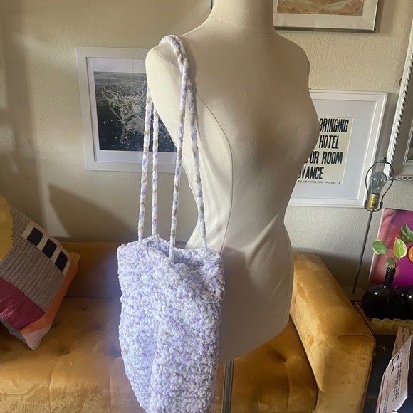 Handmade chenille boho hobo slouch satchel shoulder tote bag purple and white - Picture 1 of 9